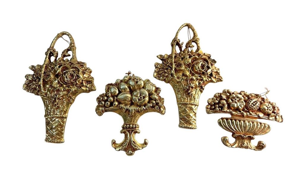 Vintage Gold Fruit Flower Basket Ornaments Set of 4 Hollywood Regency Decor